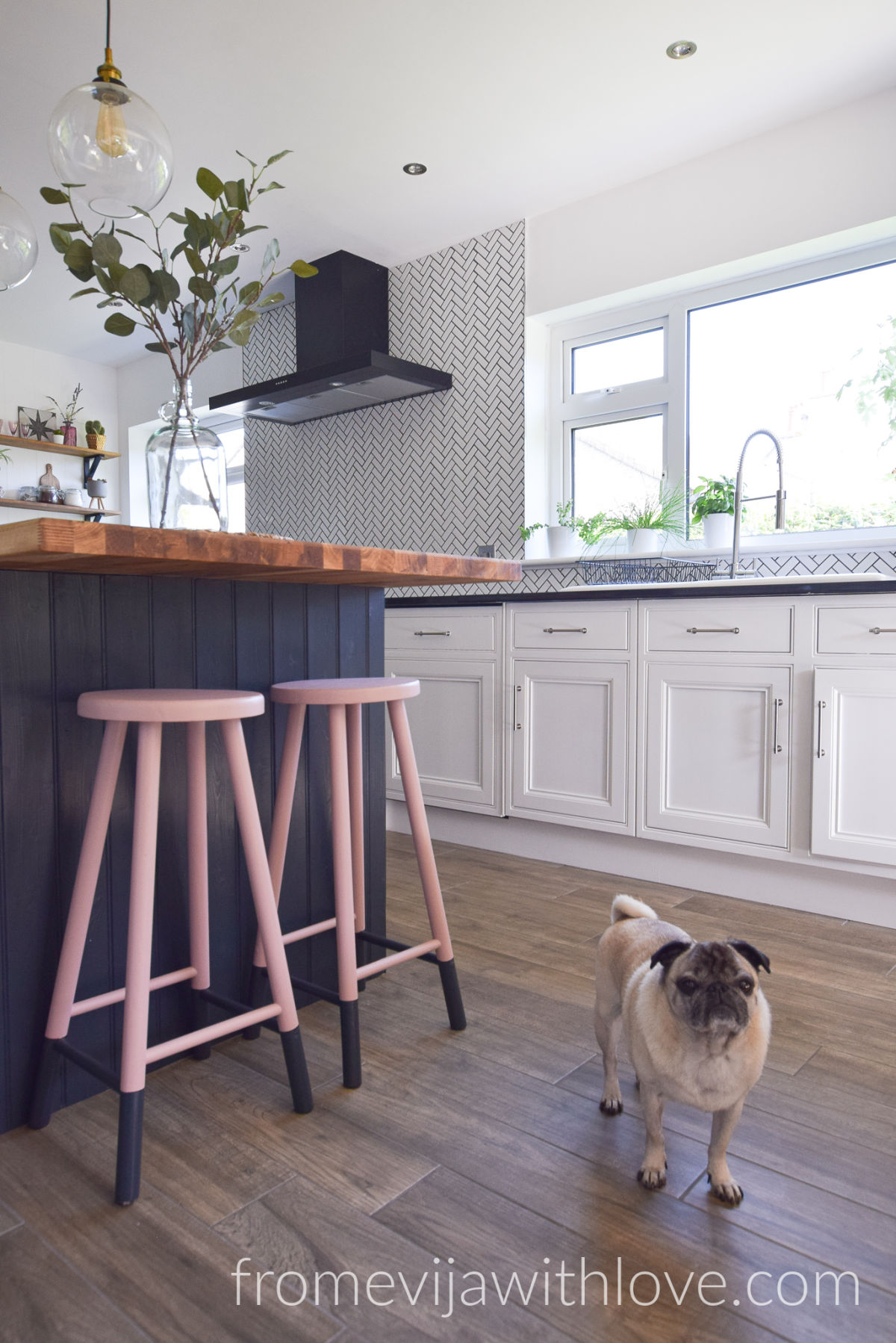 Kitchen renovation DIY project kitchen island pink bar stools