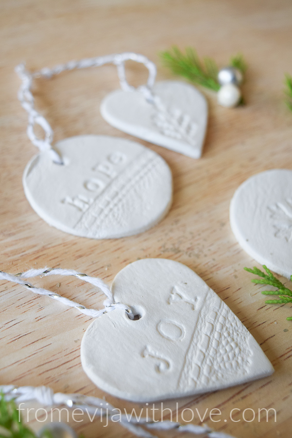 Joy Christmas ornament from white clay